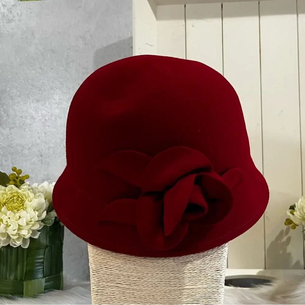 NEW Charter Club Wool Gatsby Cloche Bucket 1920’s Rose Winter Hat Red OS NWT